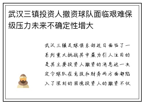 武汉三镇投资人撤资球队面临艰难保级压力未来不确定性增大